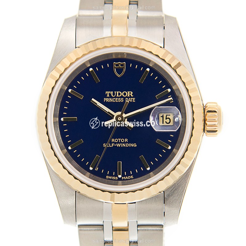 18kt Gold Tudor Princess Date Replica - Automatic - Blue Dial - Gold & Steel Strap