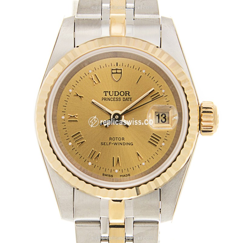 Tudor Princess Date Replica - Auto - Gold Dial - 18kt Steel