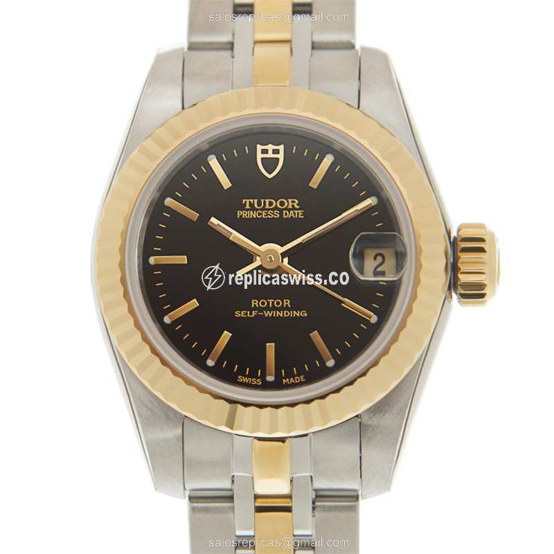 Automatic Tudor Princess Date - 18kt Gold & Steel - Black Dial, Gold Strap