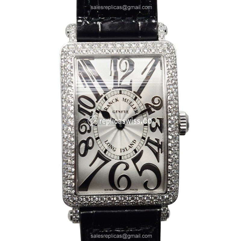 Franck Muller 950 QZ REL D OG LONG ISLAND - Quartz - 18kt White Gold - Diamond Bezel - Silver Dial - Black Alligator Buckle