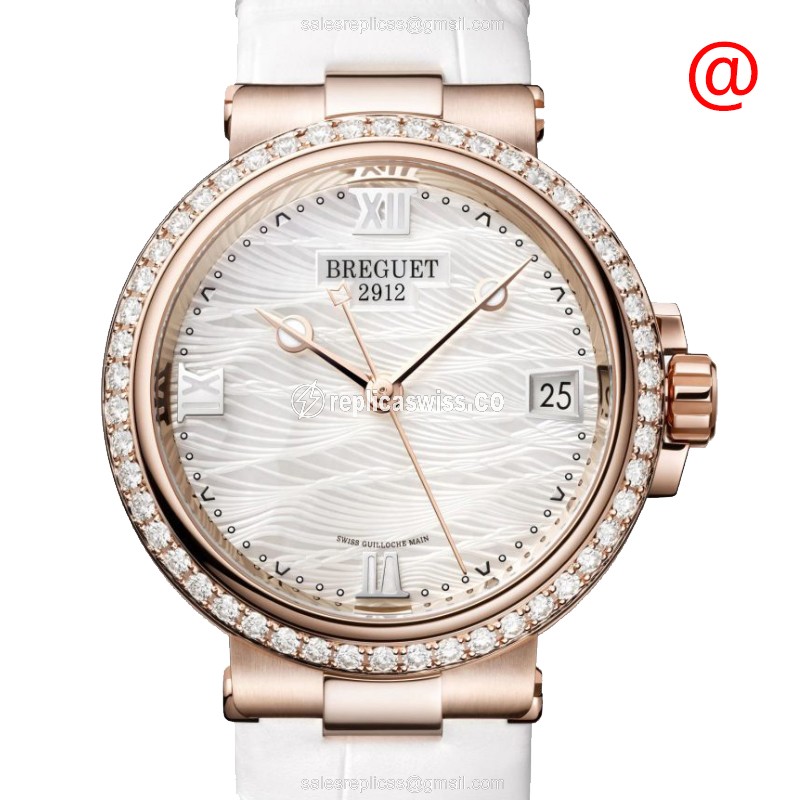 Breguet 9518BR/52/984 MARINE Replica - Auto - Rose Gold - Diamonds - Silver Dial - White Alligator Buckle