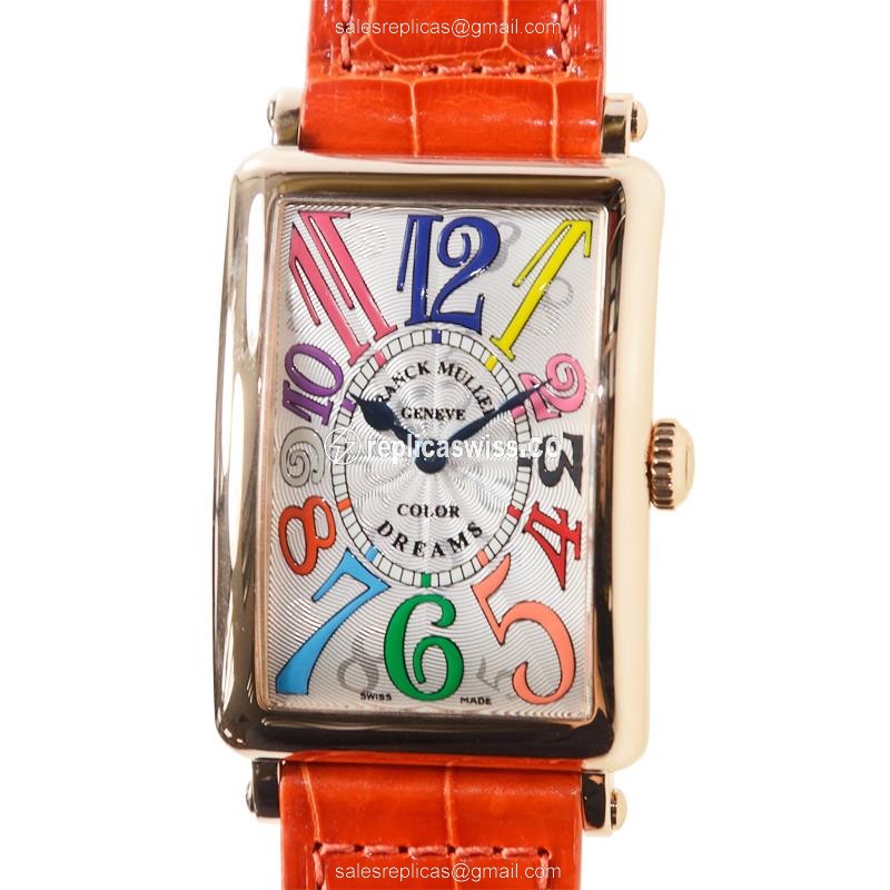 Franck Muller 952 QZ COL DR LONG ISLAND - Quartz - 18kt Rose Gold - Silver Dial - Orange Alligator Buckle - Luxury Replica LONG ISLAND Watch