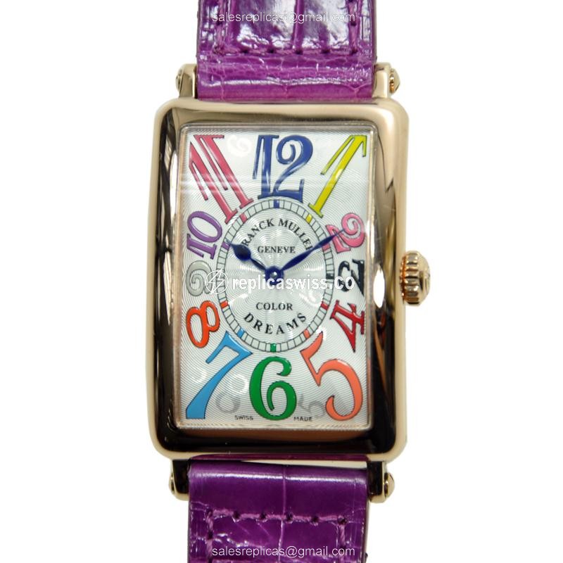 Franck Muller 952 QZ COLDRM - Quartz - 18kt Rose Gold - Silver Dial - Alligator Purple - Buckle Clasp - Luxury Replica LONG ISLAND Watch