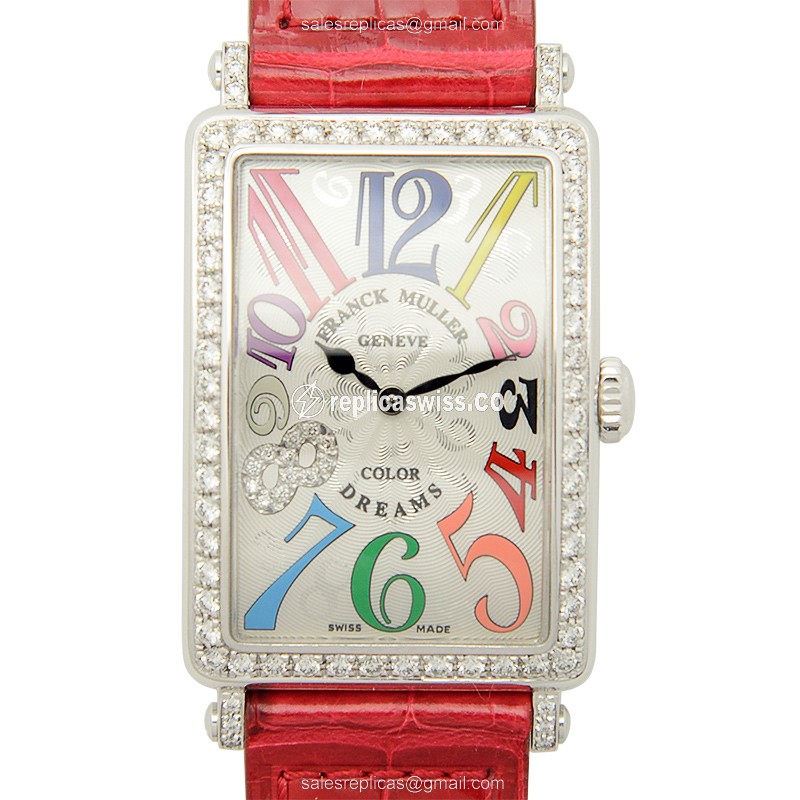 Franck Muller 952 QZ COL DRM D1R CD8 LONG ISLAND Replica - Automatic - Diamonds - Silver Dial, Red Alligator Strap