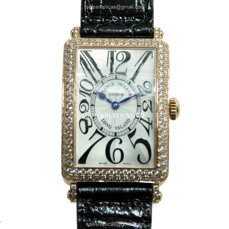 Franck Muller 952 QZ D LONG ISLAND Quartz 18kt Rose Gold Diamonds - Silver Dial Buckle Alligator Black Strap - Luxury Replica LONG ISLAND Watch