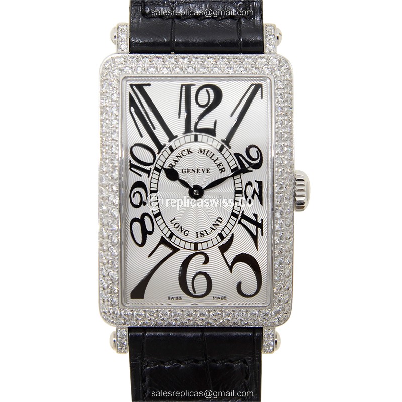 Franck Muller 952 QZ D Replica - Quartz - 18kt White Gold - Diamond Bezel - Silver Dial - Alligator Black Strap - Luxury Replica LONG ISLAND Watch