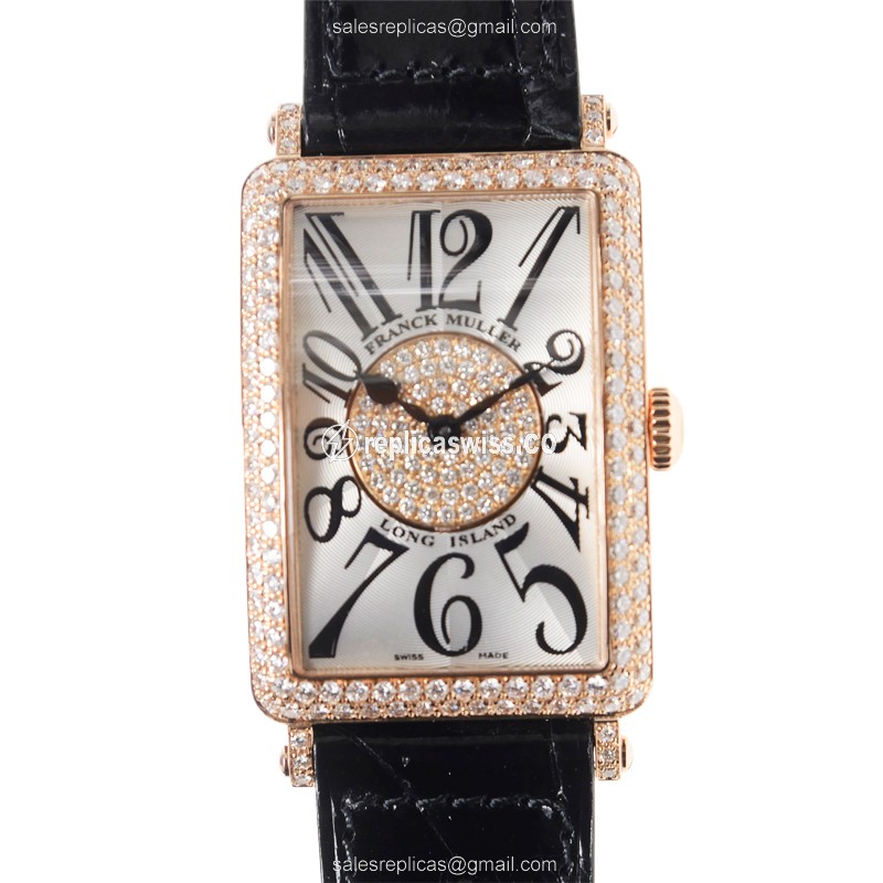 Franck Muller 952 QZ D 1P LONG ISLAND - Quartz - 18kt Rose Gold - Diamonds - Silver Dial - Buckle Clasp - Luxury Replica LONG ISLAND Watch