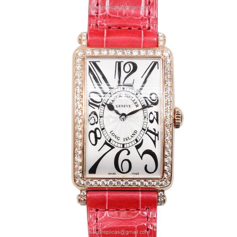 Franck Muller LONG ISLAND Quartz 18kt Rose Gold - Diamonds Silver Dial Buckle Red Alligator Strap