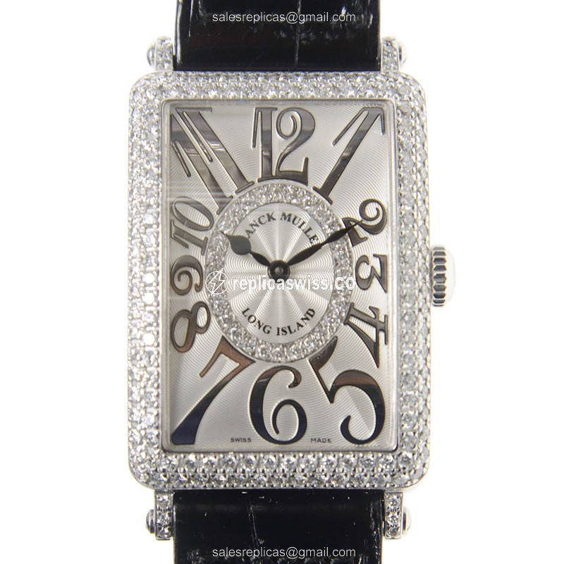 Franck Muller 952QZDREL LONG ISLAND - Quartz - 18kt White Gold - Diamond - Silver Dial - Black Alligator Buckle - Luxury Replica LONG ISLAND Watch