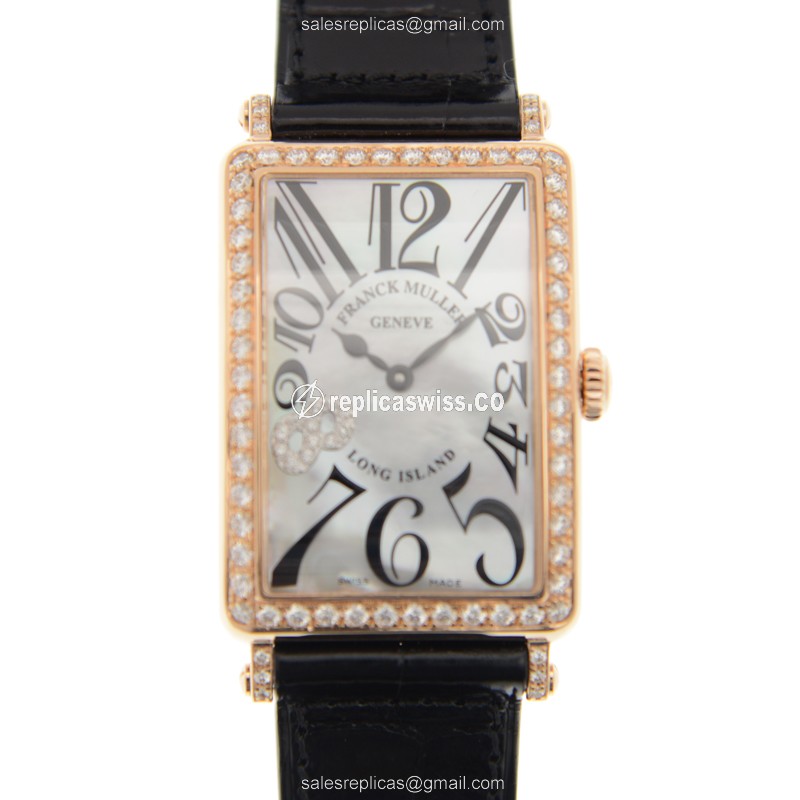 Franck Muller 952 QZ MOP D 1R CD8 NI LONG ISLAND - Quartz - 18kt Rose Gold - Diamonds on White Dial, Alligator Purple Strap