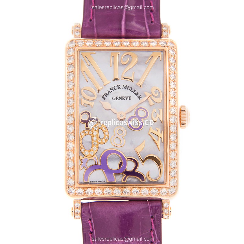 Franck Muller Long Island Replica - Quartz - 18kt Rose Gold - Diamond Accents - Purple Dial - Leather Strap - Luxury Replica LONG ISLAND Watch