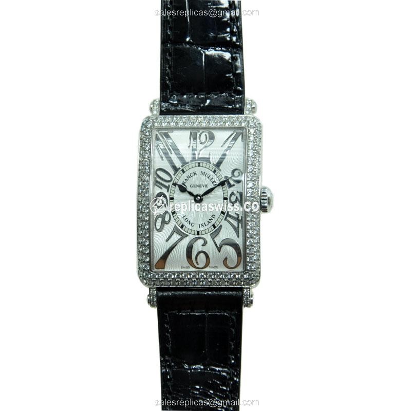 Franck Muller 952 QZ REL D Replica - Quartz - 18kt White Gold - Diamond - Silver Dial - Alligator Black Strap Buckle