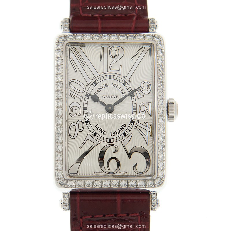Franck Muller 952 QZ REL D 1R OG Replica - Quartz - 18kt White Gold - Diamond Dial, Red Leather Strap