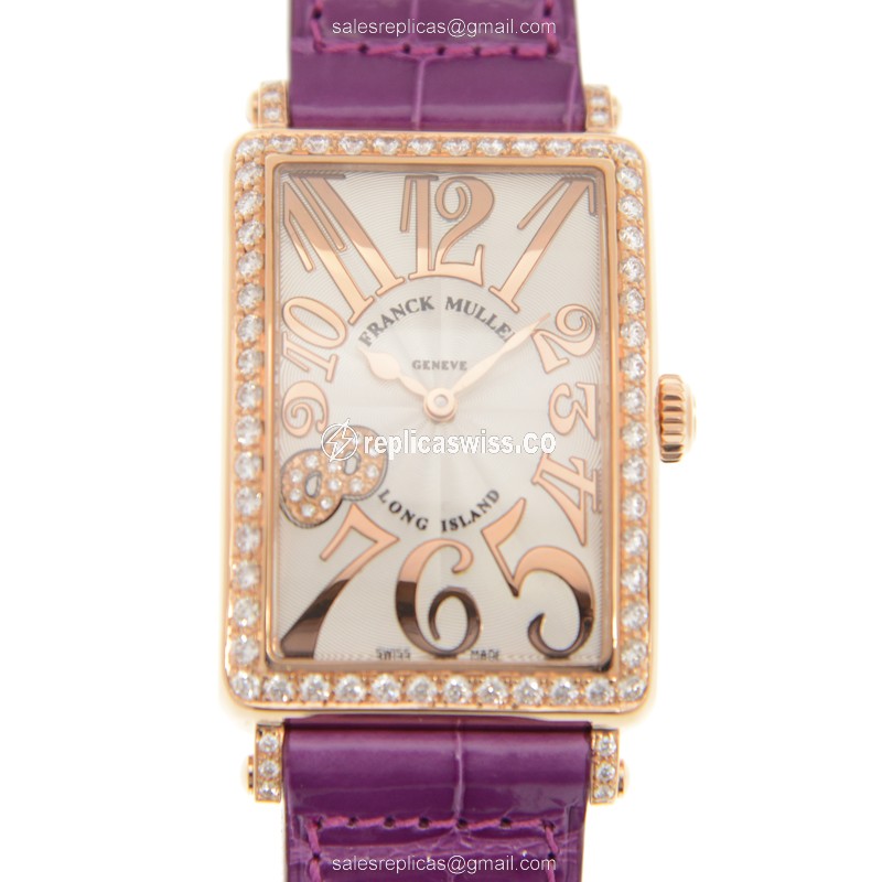 Franck Muller 952 QZ REL D 1R Replica - Quartz - 18kt Rose Gold - Diamond Case - White Dial - Buckle Clasp