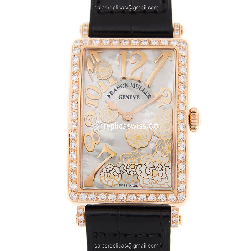 Franck Muller 952QZ REL MOP BC D 1R LS - Quartz 18kt Rose Gold Diamonds, White Dial, Buckle Clasp, Black Alligator Strap - Luxury Replica LONG ISLAND Watch