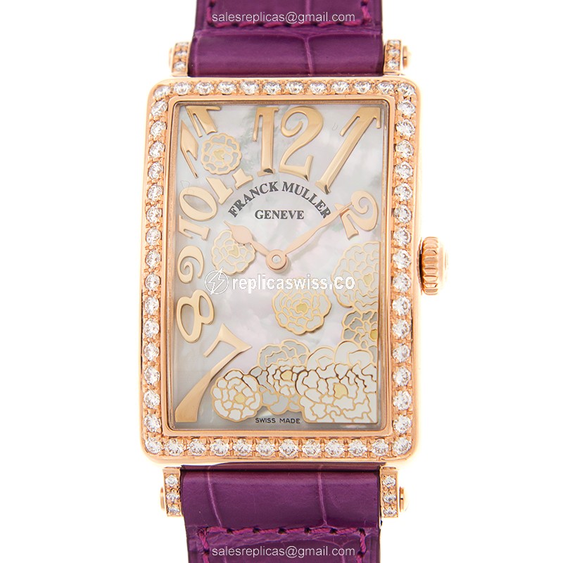 Franck Muller 952QZ REL MOP BC D 1R LS 18kt Rose Gold Quartz - White Dial - Alligator Purple Buckle - Luxury Replica LONG ISLAND Watch