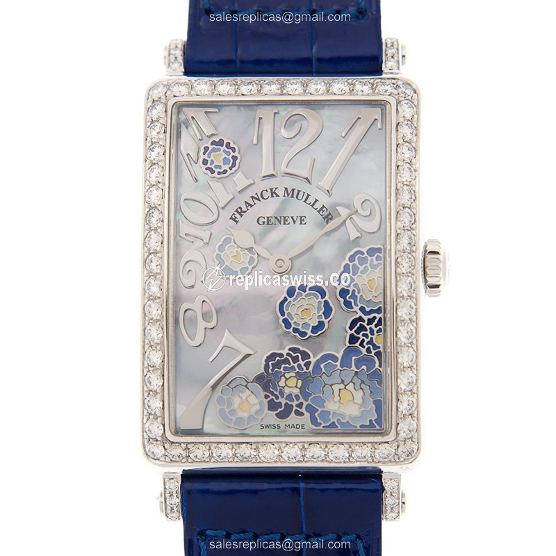 Franck Muller Long Island Replica - Quartz - Diamond Case - White Dial - Blue Alligator Strap