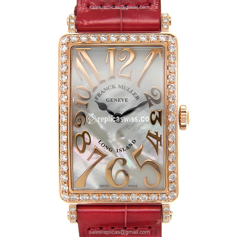 Franck Muller Long Island Replica - Quartz - 18kt Rose Gold Case - Diamonds - White Dial - Red Alligator Strap