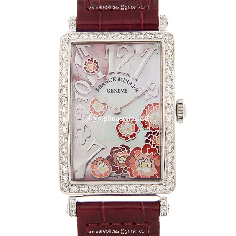 Franck Muller 952 QZ REL MOP RG D 1R LONG ISLAND Quartz - White Dial - Diamond Case - Red Alligator Strap