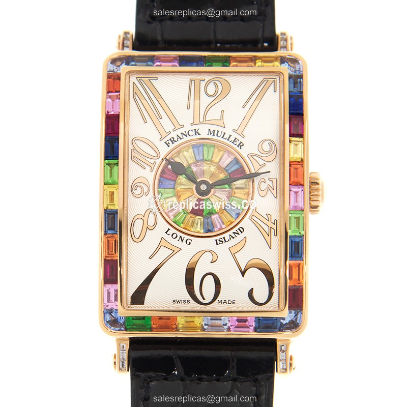 Franck Muller 952 QZ REL QTR SAI BAG 1P BAG 5N LONG ISLAND Replica - Quartz - 18kt Gold - Diamond Bezel - Black Dial - Leather Strap - Luxury Replica LONG ISLAND Watch