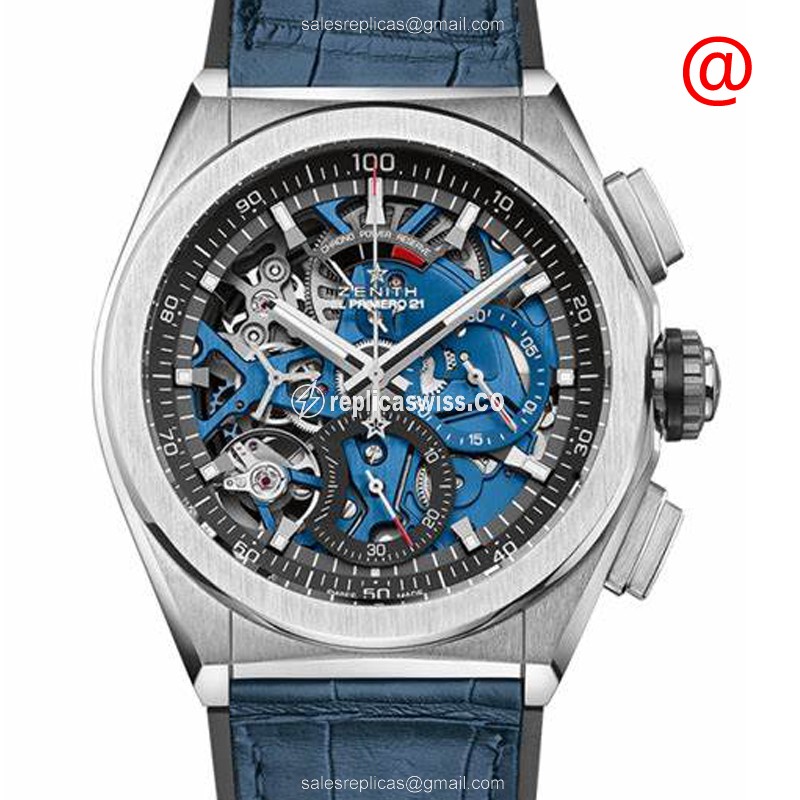 Zenith DEFY Replica - Automatic - Titanium Case - Transparent Dial - Blue Alligator Strap