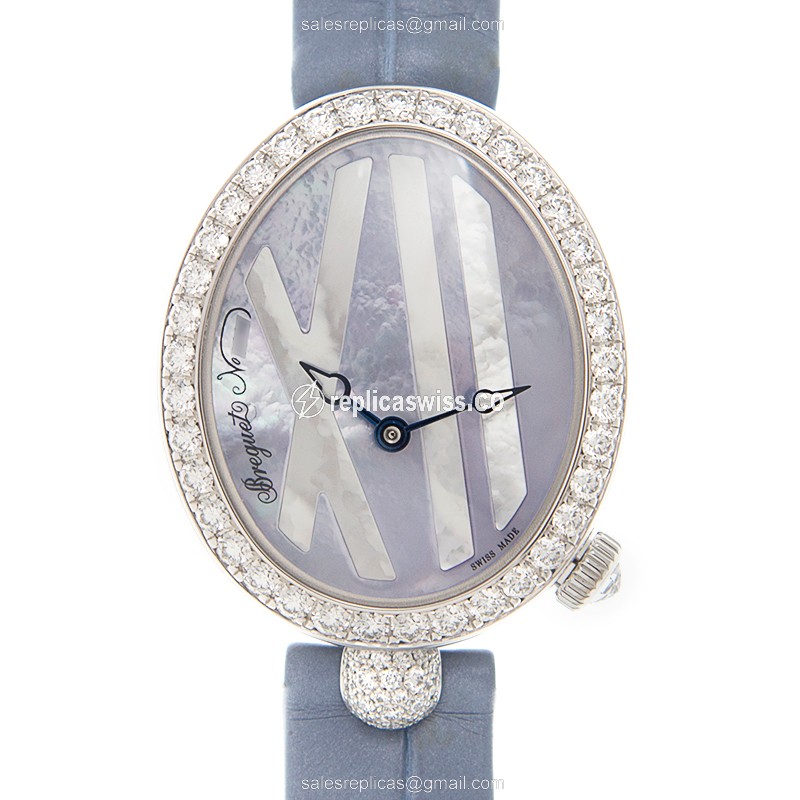 Breguet REINE DE NAPLES Replica - Automatic - 18kt White Gold - Diamond - Purple Dial - Blue Alligator Strap - Luxury Replica REINE DE NAPLES Watch