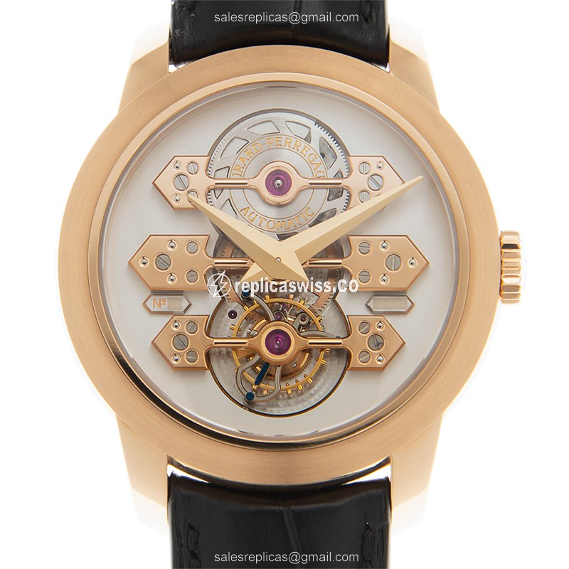 Girard Perregaux BRIDGES Replica - Automatic 18kt Rose Gold - White Dial - Black Alligator Strap - Luxury Replica BRIDGES Watch