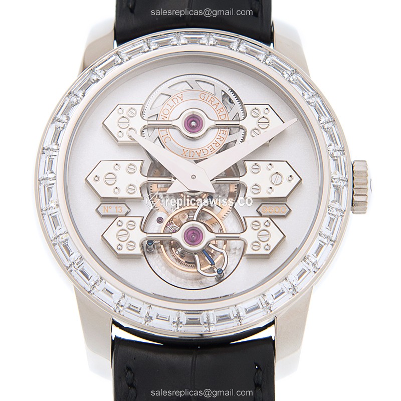 Girard Perregaux BRIDGES 99193B53A Replica - Automatic - White Gold - Diamond - Silver Dial - Alligator Black Strap