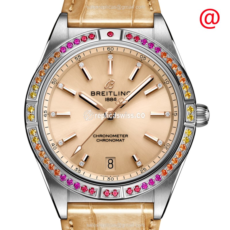 Breitling Chronomat B01 Replica - Automatic - Stainless Steel & Diamonds - Beige Bezel - Alligator Strap - Luxury Replica CHRONOMAT B01 Watch