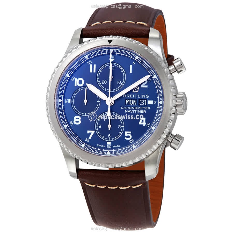 Breitling AVIATOR 8 Replica - Automatic - Steel Case - Blue Dial - Brown Leather Strap