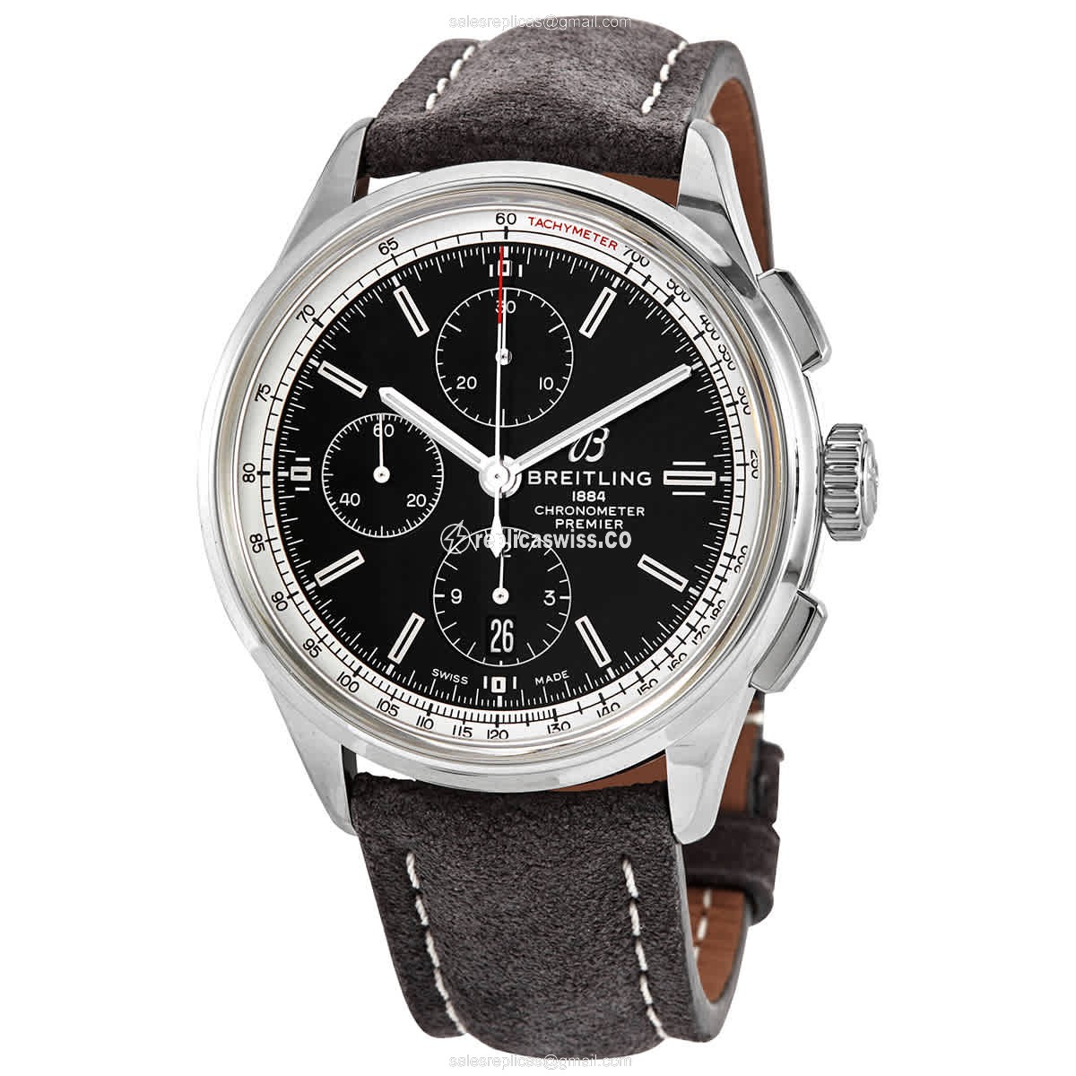 Breitling Premier Replica - Automatic - Steel Case - Black Dial - Leather Strap - Grey Buckle