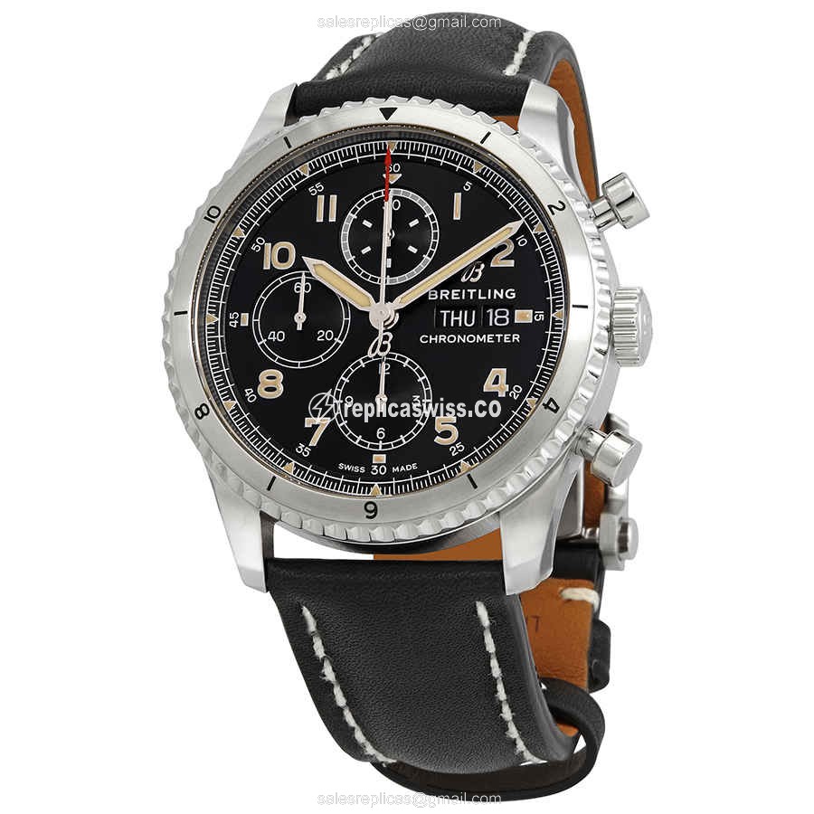 Breitling AVIATOR 8 Replica - Automatic - Steel Case - Black Dial - Black Cowhide Strap - Luxury Replica AVIATOR 8 Watch