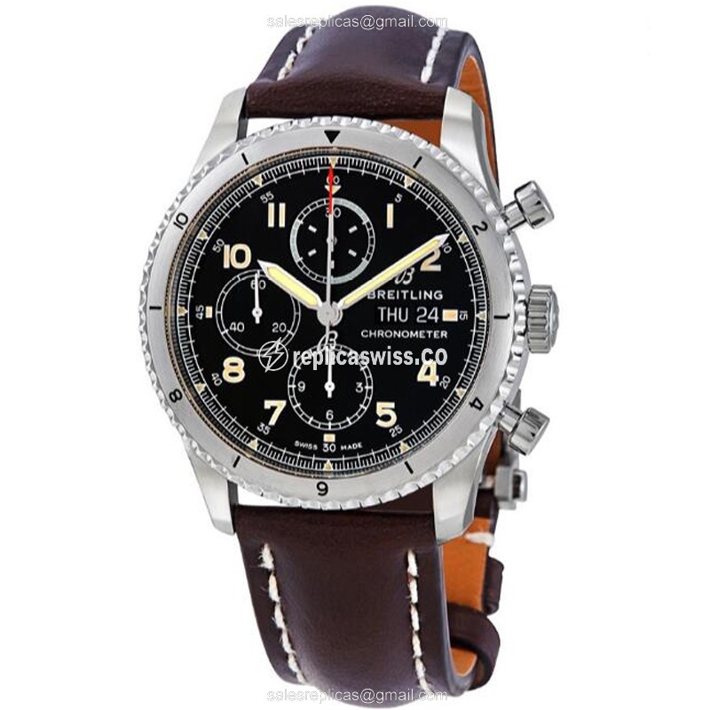 Breitling AVIATOR 8 Replica - Automatic - Steel Case - Black Dial - Brown Cowhide Strap