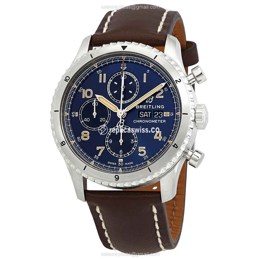 Breitling Aviator 8 Replica - Automatic - Steel - Blue Dial - Brown Cowhide Buckle - Luxury Replica AVIATOR 8 Watch