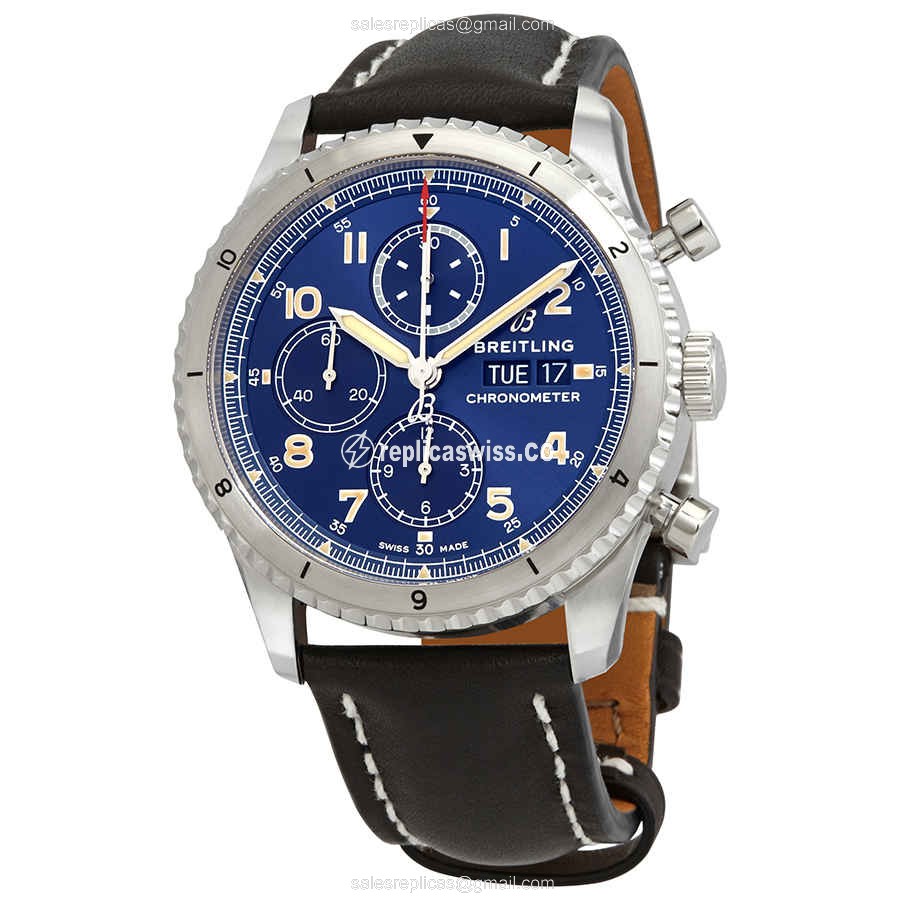 Breitling AVIATOR 8 Replica - Automatic - Steel Case - Blue Dial - Black Cowhide Strap
