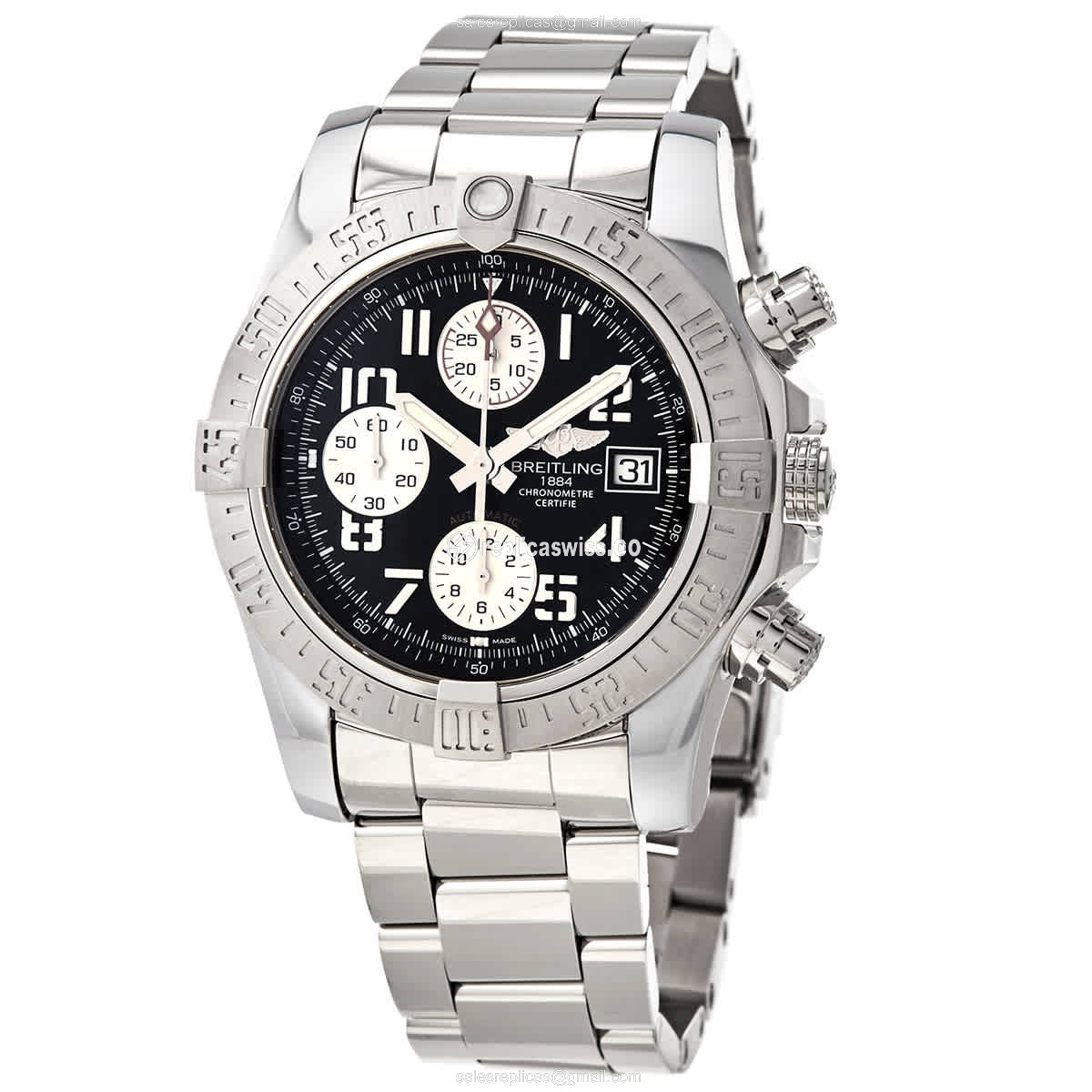 Breitling Avenger II Replica - Automatic - Black Dial - Steel Case - Silver Band