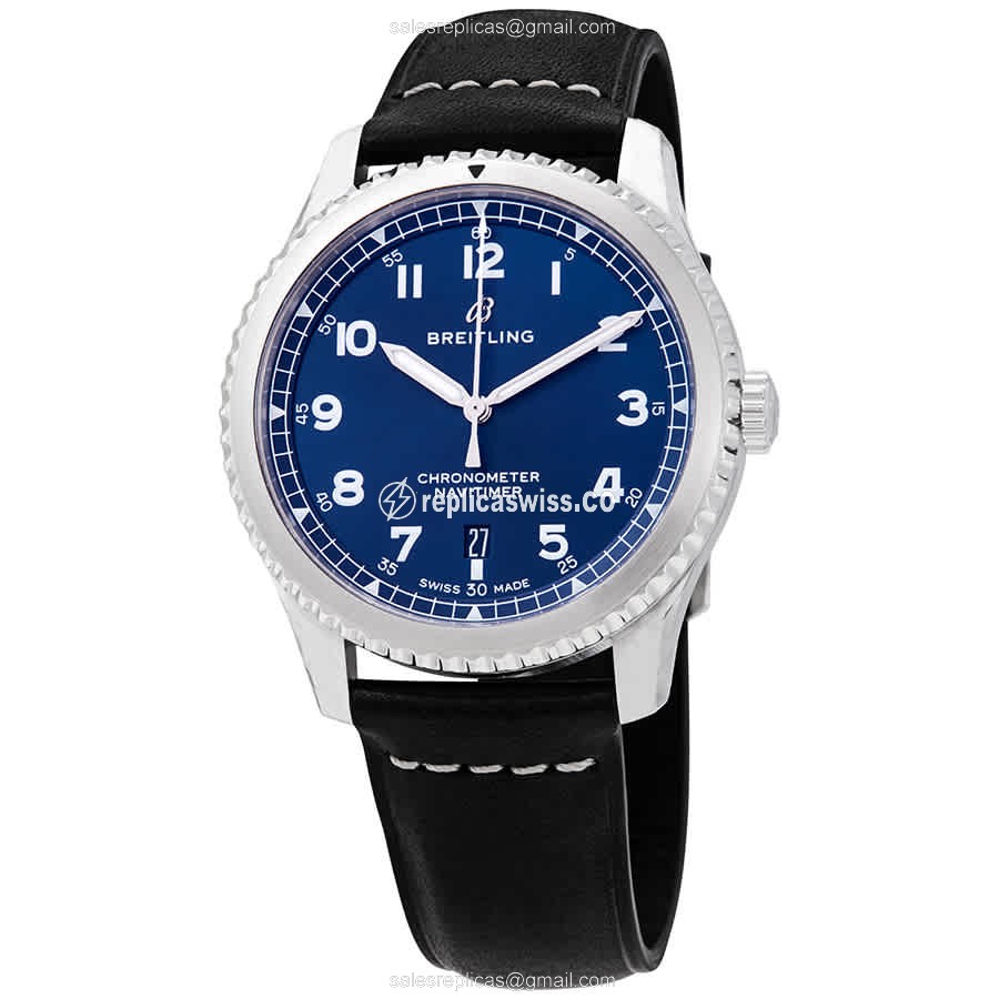 Breitling AVIATOR 8 Replica - Automatic - Blue Dial - Steel Case - Black Leather Strap