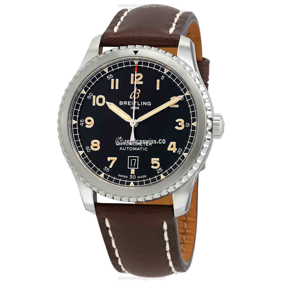 Breitling AVIATOR 8 Replica - Automatic - Steel Case - Black Dial - Brown Cowhide Strap - Luxury Replica AVIATOR 8 Watch