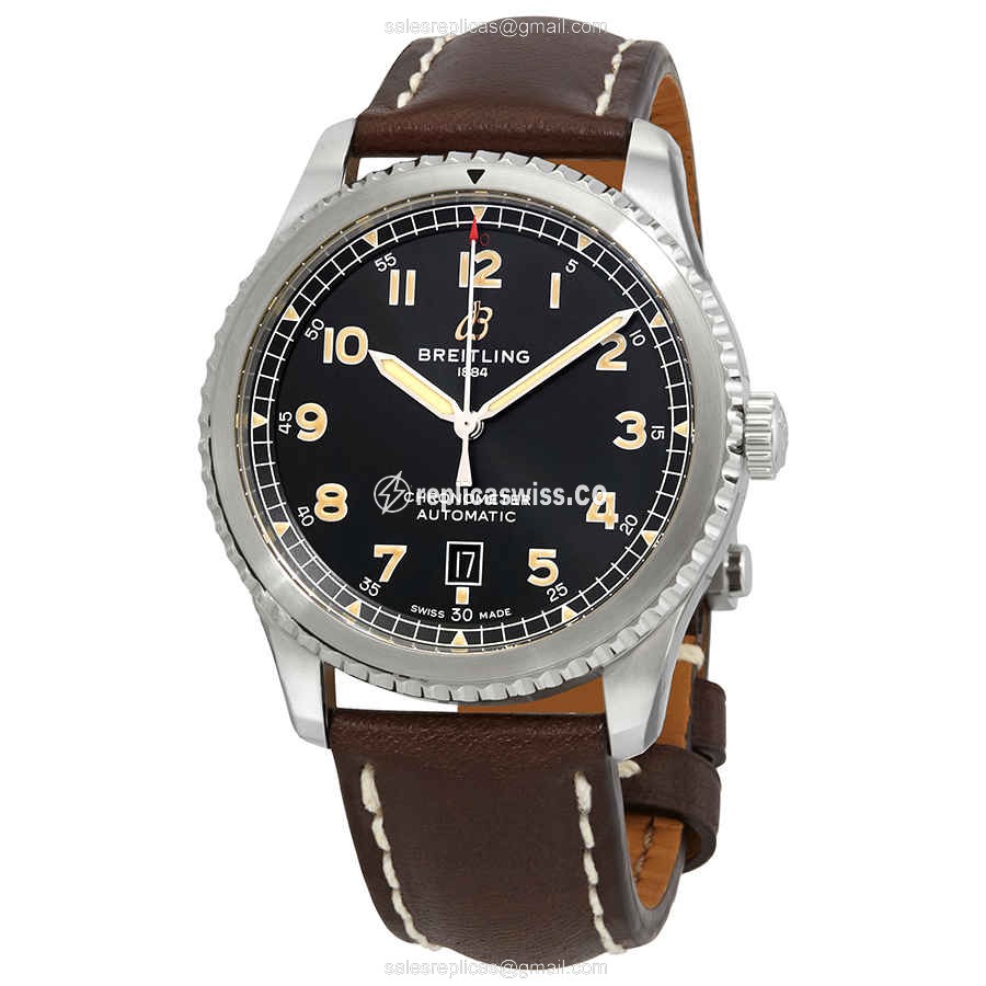 Breitling AVIATOR 8 Replica - Automatic - Black Dial - Brown Alligator Strap - Buckle Clasp - Luxury Replica AVIATOR 8 Watch