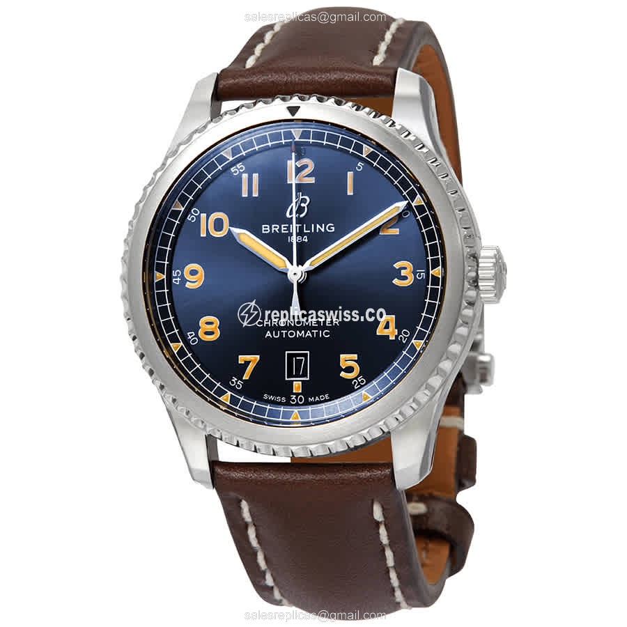 Breitling AVIATOR 8 Replica - Automatic - Steel Case - Blue Dial - Brown Cowhide Strap