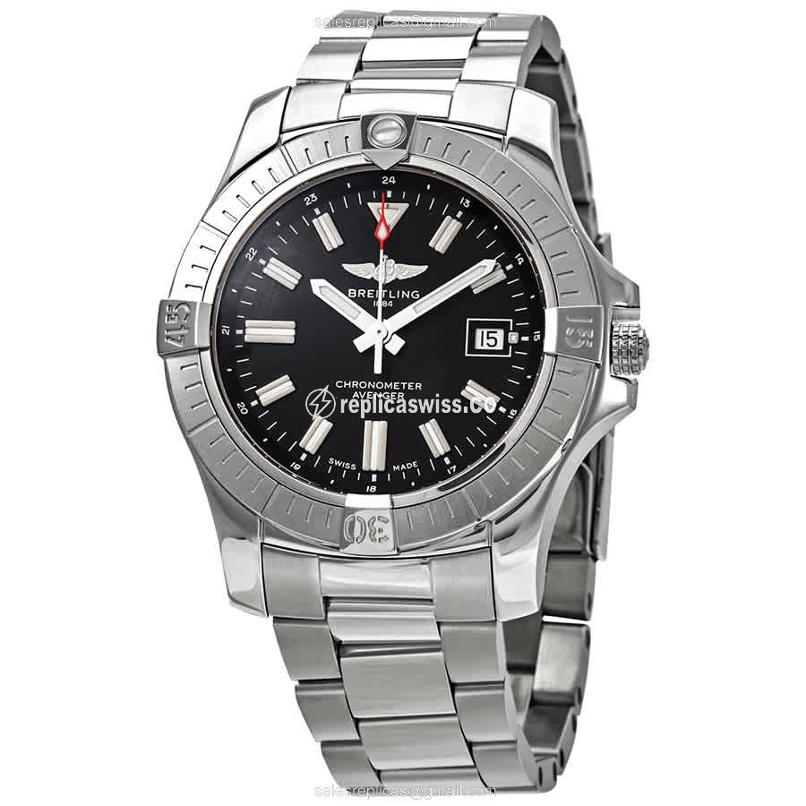 Breitling AVENGER II Replica - Automatic - Black Dial - Steel Case - Silver Strap - Luxury Replica AVENGER II Watch