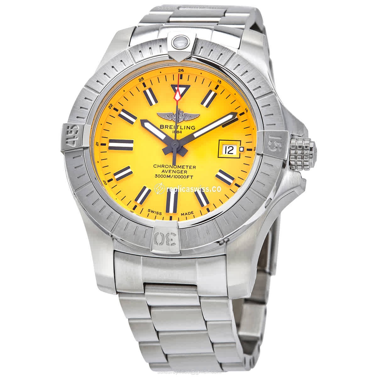 Breitling Avenger II Replica - Automatic - Yellow Dial - Steel Case - Silver Strap - Luxury Replica AVENGER II Watch