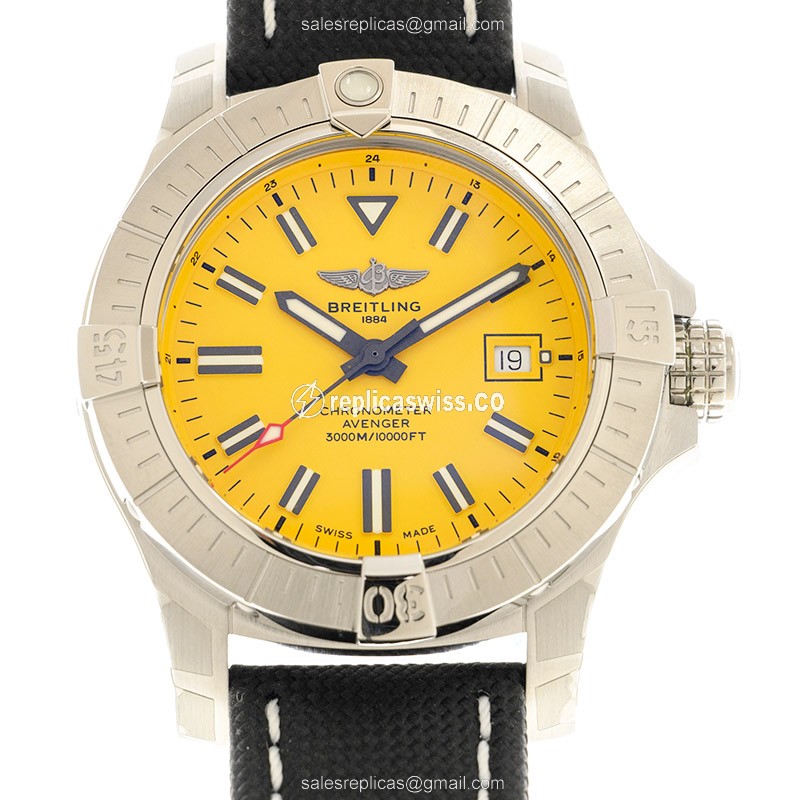 Breitling Avenger II Automatic - Yellow Dial - Steel Case - Black Canvas Strap