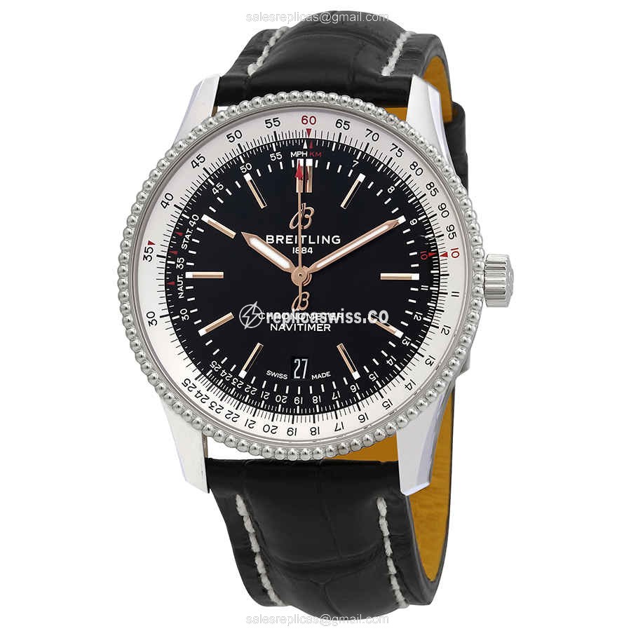 Breitling NAVITIMER 1 Automatic - Black Dial - Steel Case - Alligator Black Strap - Buckle Clasp - Luxury Replica NAVITIMER 1 Watch