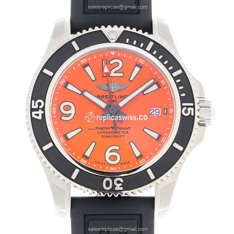Breitling Superocean 42 Replica - Automatic - Orange Dial - Stainless Steel - Black Rubber Buckle