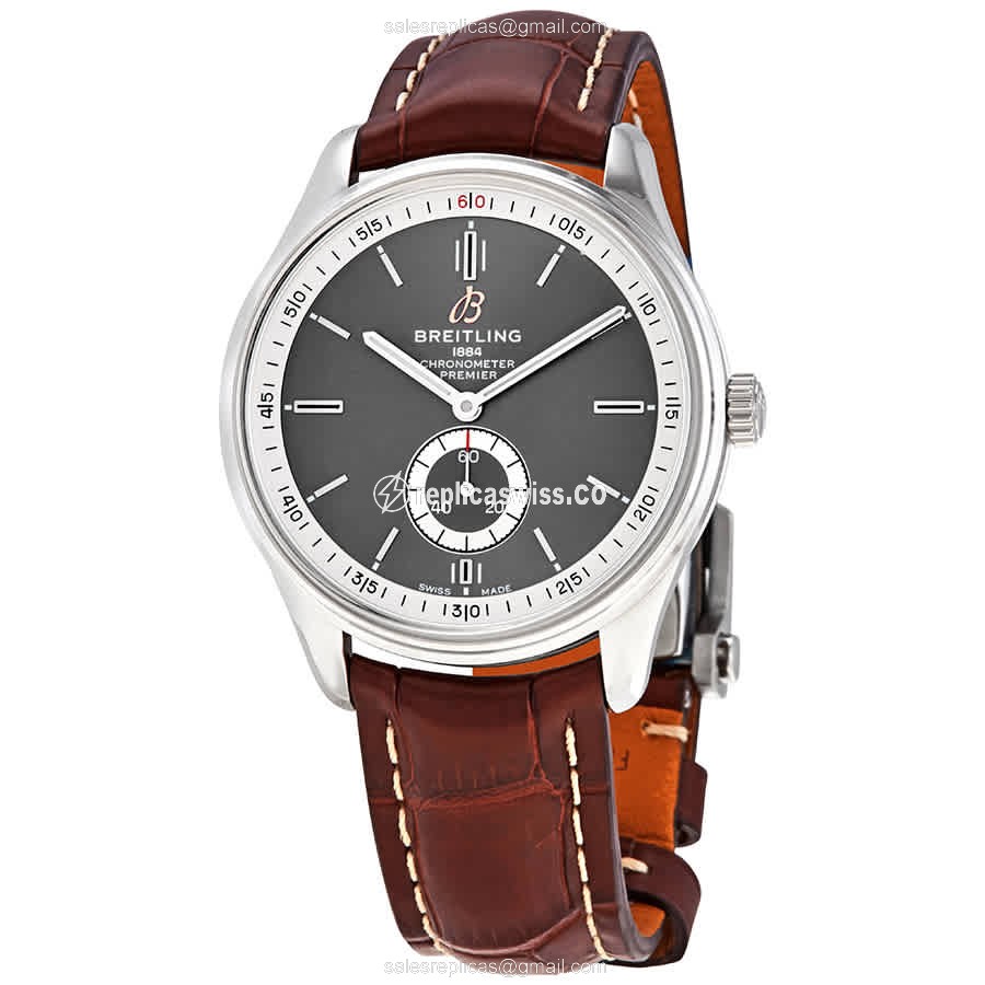 Breitling Premier A37340351B1P1 - Automatic - Stainless Steel - Gray Dial - Brown Alligator Strap