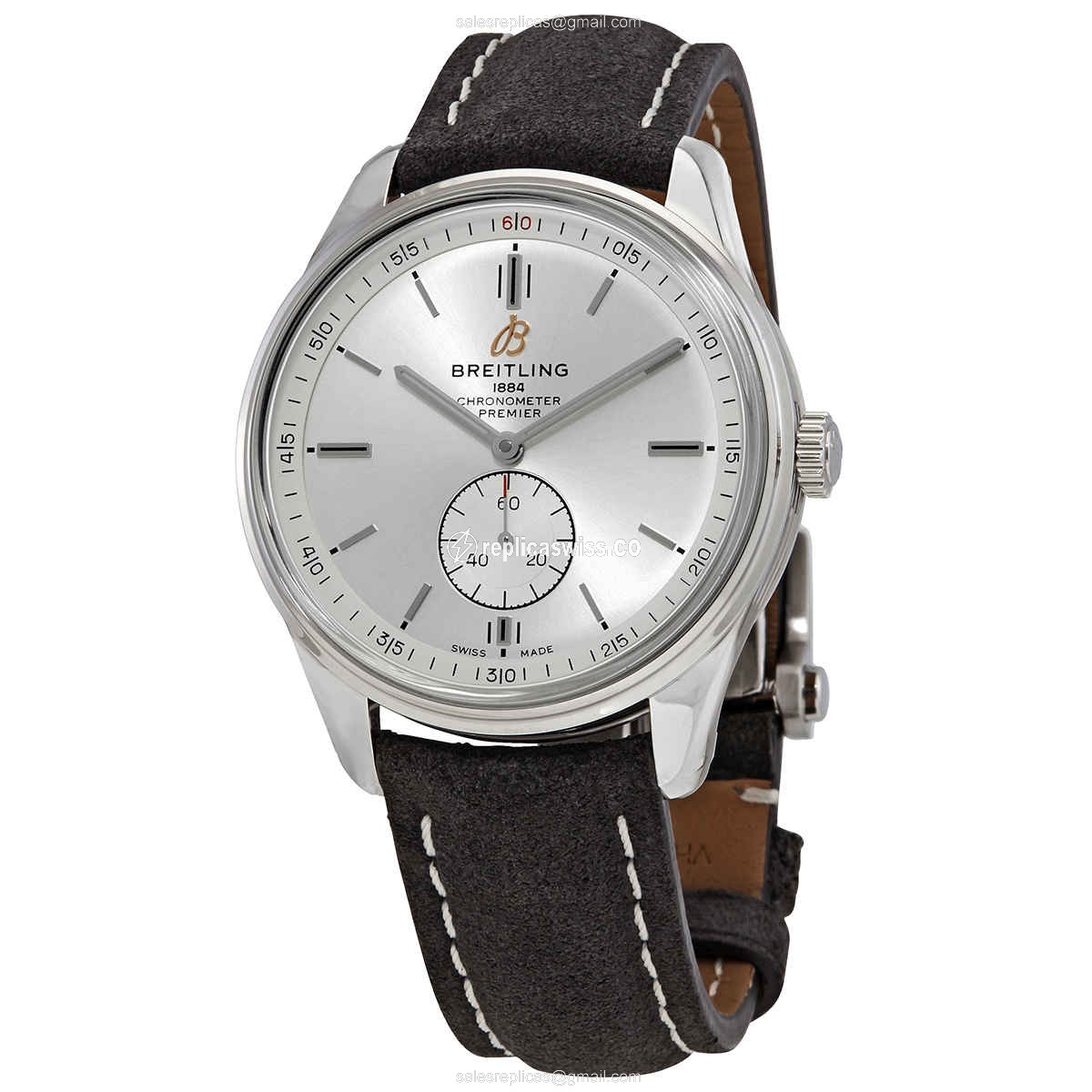 Breitling Premier Replica - Automatic - Stainless Steel - Silver Dial - Brown Leather Strap - Buckle Clasp