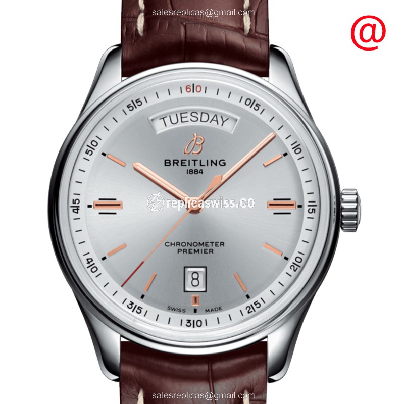 Breitling Premier Replica - Automatic - Steel Case - Silver Dial - Brown Alligator Strap - Luxury Replica PREMIER Watch