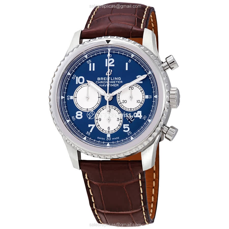 Breitling AVIATOR 8 Replica - Automatic - Steel - Blue Dial - Brown Alligator Buckle