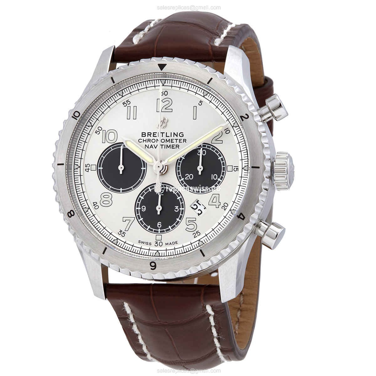 Breitling AVIATOR 8 Replica - Automatic - Steel Case - Silver Dial - Brown Alligator Strap - Luxury Replica AVIATOR 8 Watch